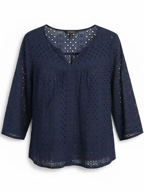 Lucky Brand MEDIUM Navy Blue Eyelet Boho Peasant Blouse 3/4 Sleeve Top